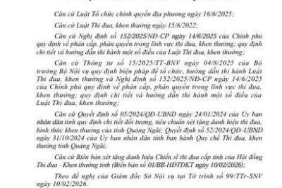 Chủ tịch UBND Tỉnh Quảng Ngãi tặng danh hiệu Chiến sĩ thi đua tỉnh Quảng Ngãi năm 2026